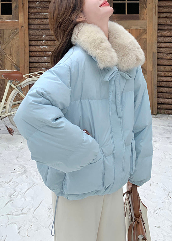 Stylish Blue Fur Collar Pockets Patchwork Duck Down Puffer Coat Winter