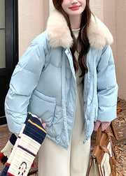 Stylish Blue Fur Collar Pockets Patchwork Duck Down Puffer Coat Winter