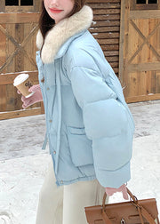 Stylish Blue Fur Collar Pockets Patchwork Duck Down Puffer Coat Winter