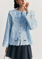 Stylish Blue Hollow Out Embroidered Cotton Blouse Tops Fall