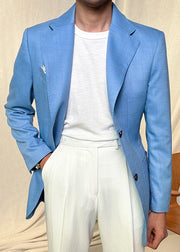 Stylish Blue Notched Plaid Pockets Spandex Mens Coats Fall