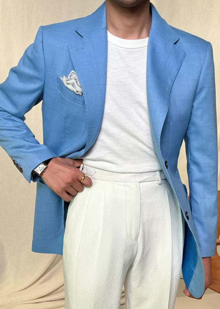 Stylish Blue Notched Plaid Pockets Spandex Mens Coats Fall