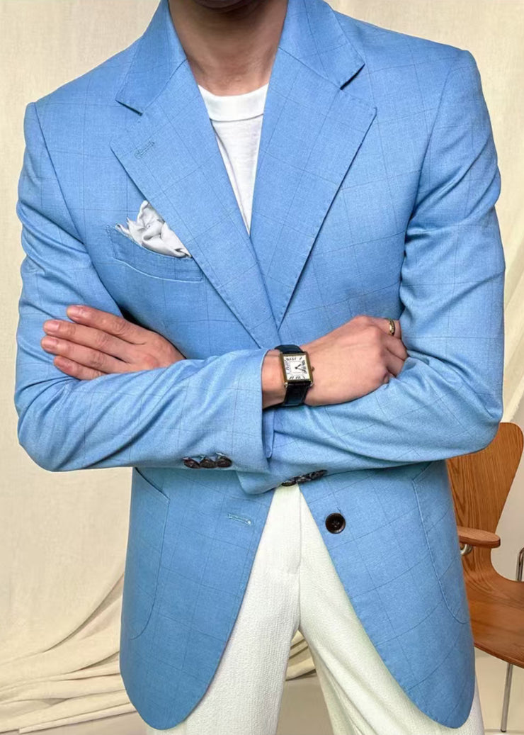 Stylish Blue Notched Plaid Pockets Spandex Mens Coats Fall