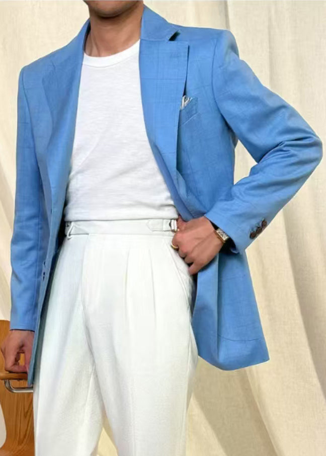 Stylish Blue Notched Plaid Pockets Spandex Mens Coats Fall