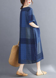 Stylish Blue flower O Neck Plaid Maxi Dresses Cotton Linen Summer
