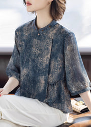 Stylish Blue O-Neck Print Chiffon Shirts Three Quarter Sleeve