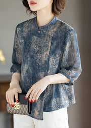 Stylish Blue O-Neck Print Chiffon Shirts Three Quarter Sleeve