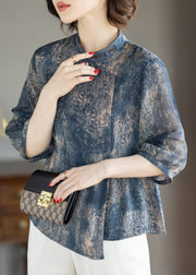 Stylish Blue O-Neck Print Chiffon Shirts Three Quarter Sleeve