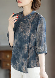 Stylish Blue O-Neck Print Chiffon Shirts Three Quarter Sleeve