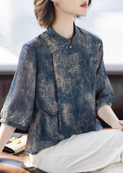 Stylish Blue O-Neck Print Chiffon Shirts Three Quarter Sleeve