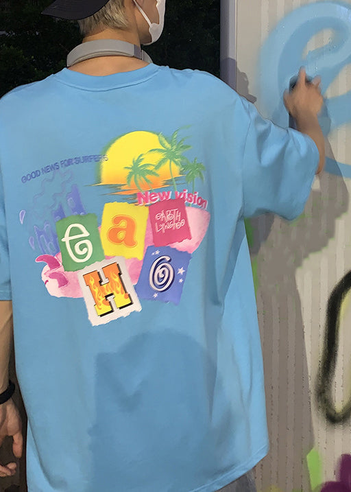 Stylish Blue O Neck Print Cotton T Shirt Men Summer