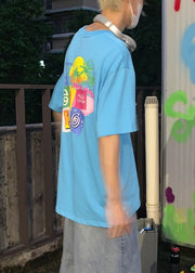 Stylish Blue O Neck Print Cotton T Shirt Men Summer