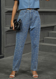 Stylish Blue Pearl Pockets Denim Pants Summer