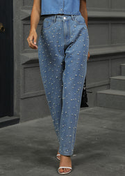 Stylish Blue Pearl Pockets Denim Pants Summer