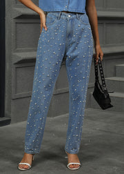 Stylish Blue Pearl Pockets Denim Pants Summer