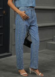 Stylish Blue Pearl Pockets Denim Pants Summer