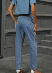 Stylish Blue Pearl Pockets Denim Pants Summer