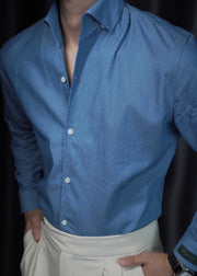 Stylish Blue Peter Pan Collar Button Denim Men Shirts Fall