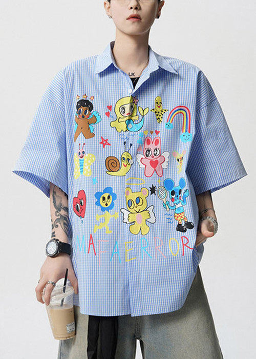 Stylish Blue Peter Pan Collar Print Cotton Shirts Mens Summer