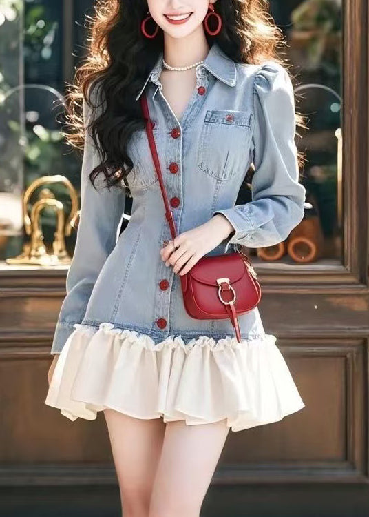 Stylish Blue Peter Pan Collar Ruffled Patchwork Denim Mini Dresses Fall