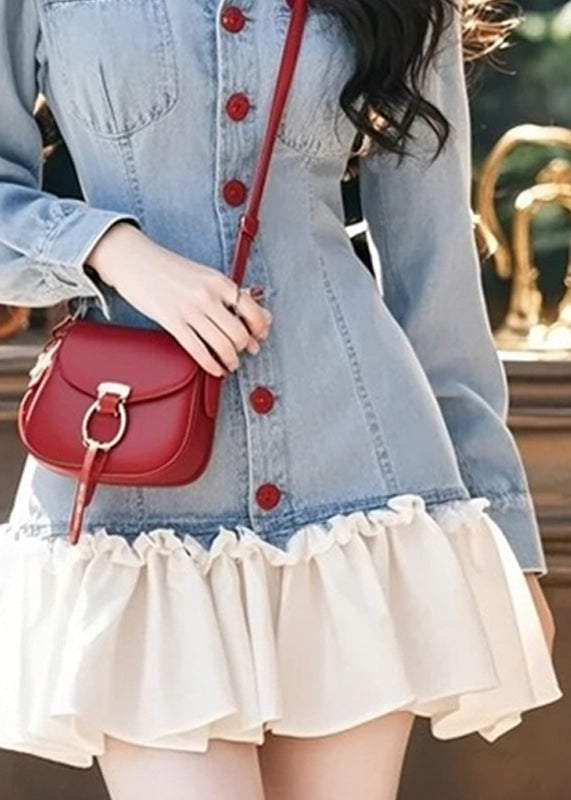Stylish Blue Peter Pan Collar Ruffled Patchwork Denim Mini Dresses Fall