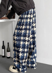 Stylish Blue Plaid Elastic Waist Cotton Mens Pants Fall