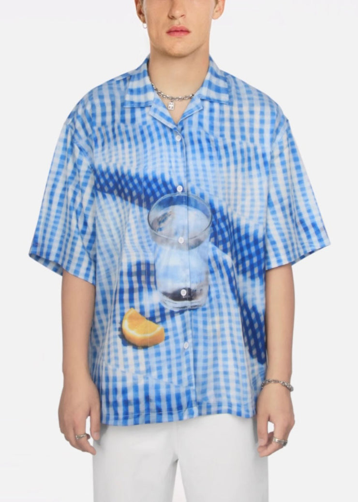 Stylish Blue Plaid Print Cotton Mens Shirts Summer
