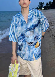 Stylish Blue Plaid Print Cotton Mens Shirts Summer