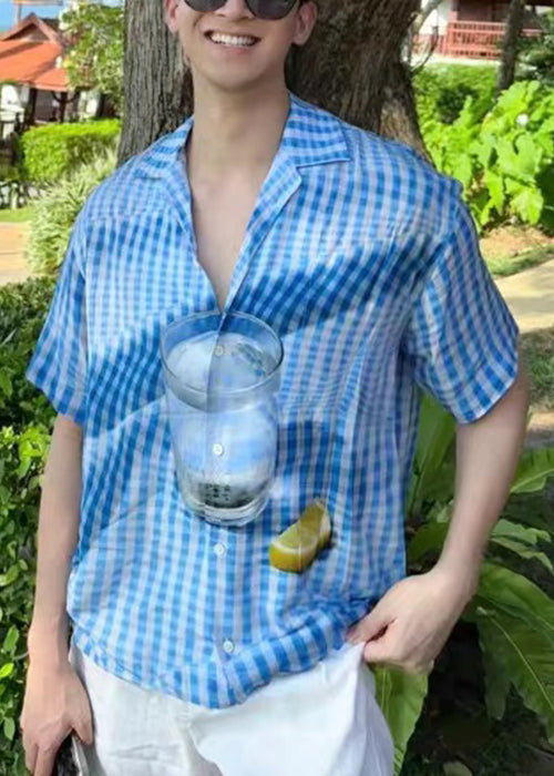 Stylish Blue Plaid Print Cotton Mens Shirts Summer