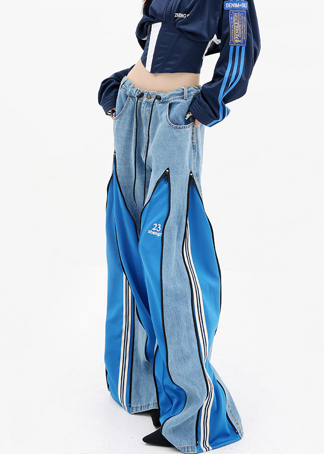 Stylish Blue Pockets Drawstring Patchwork Denim Wide Leg Pants Fall