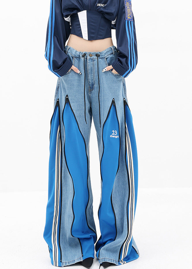 Stylish Blue Pockets Drawstring Patchwork Denim Wide Leg Pants Fall
