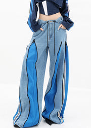 Stylish Blue Pockets Drawstring Patchwork Denim Wide Leg Pants Fall