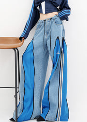Stylish Blue Pockets Drawstring Patchwork Denim Wide Leg Pants Fall
