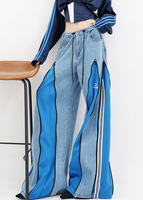Stylish Blue Pockets Drawstring Patchwork Denim Wide Leg Pants Fall