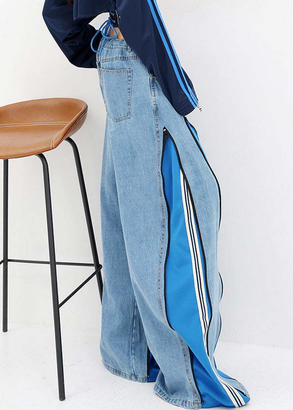 Stylish Blue Pockets Drawstring Patchwork Denim Wide Leg Pants Fall