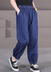 Stylish Blue Pockets Lace Patchwork Denim Beam Pants Fall