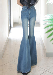Stylish Blue Pockets Slim Fit Denim Flared Trousers Fall