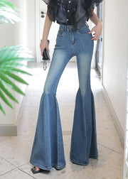 Stylish Blue Pockets Slim Fit Denim Flared Trousers Fall