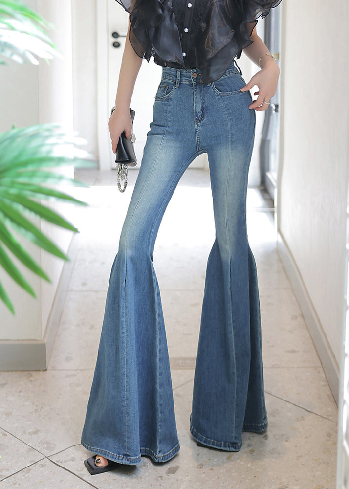 Stylish Blue Pockets Slim Fit Denim Flared Trousers Fall