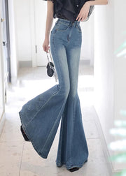 Stylish Blue Pockets Slim Fit Denim Flared Trousers Fall