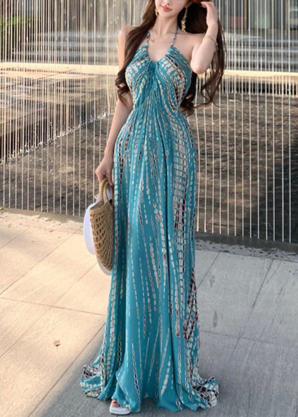 Stylish Blue Print Backless Cotton Vacation Dress Sleeveless