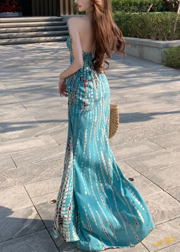 Stylish Blue Print Backless Cotton Vacation Dress Sleeveless