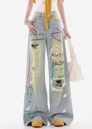 Stylish Blue Print Hole High Waist Denim Wide Leg Pants Fall
