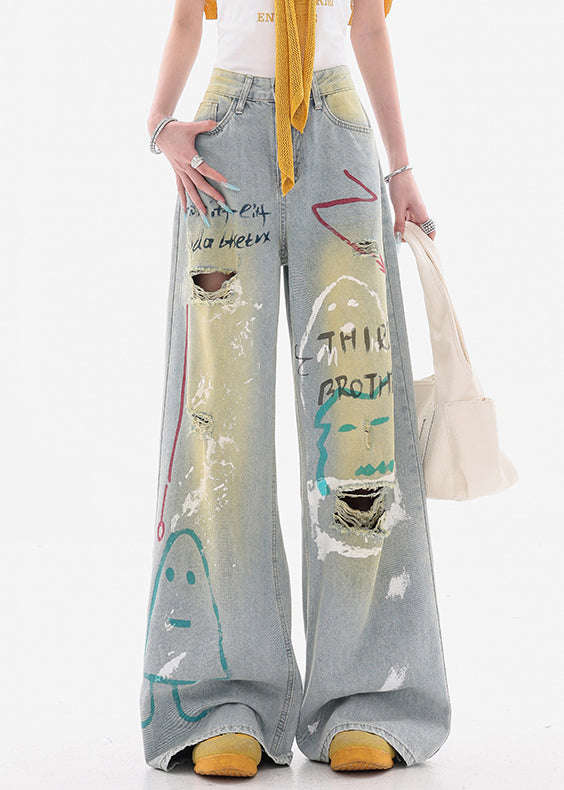 Stylish Blue Print Hole High Waist Denim Wide Leg Pants Fall