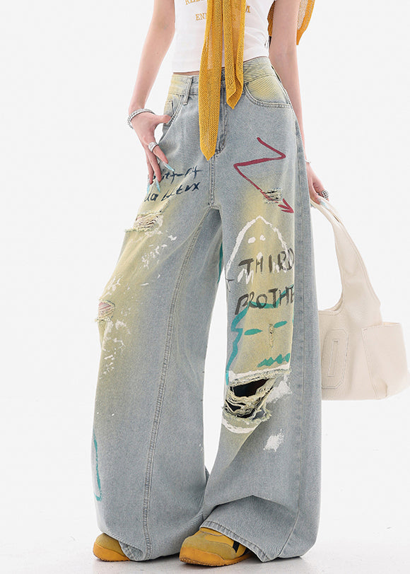 Stylish Blue Print Hole High Waist Denim Wide Leg Pants Fall