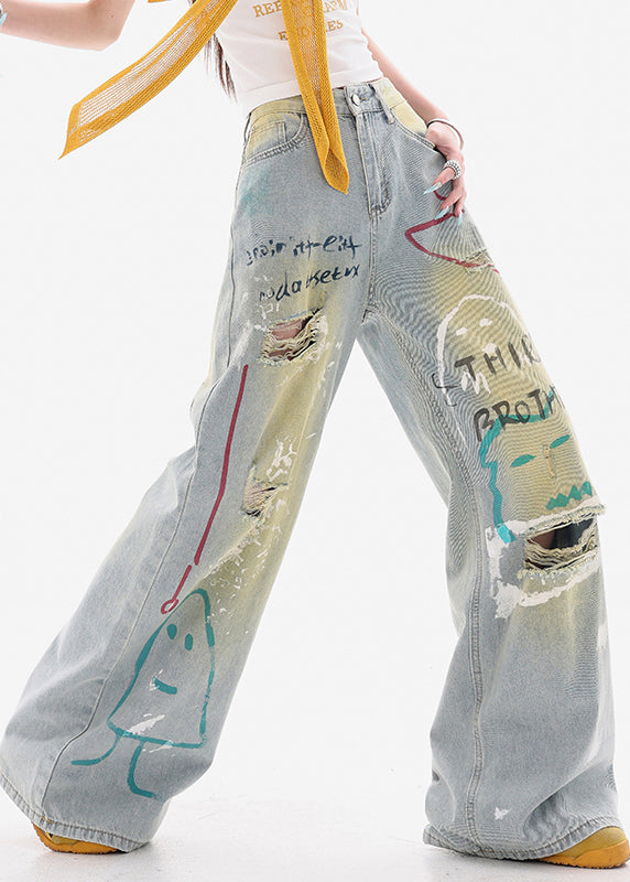 Stylish Blue Print Hole High Waist Denim Wide Leg Pants Fall