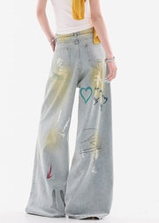 Stylish Blue Print Hole High Waist Denim Wide Leg Pants Fall