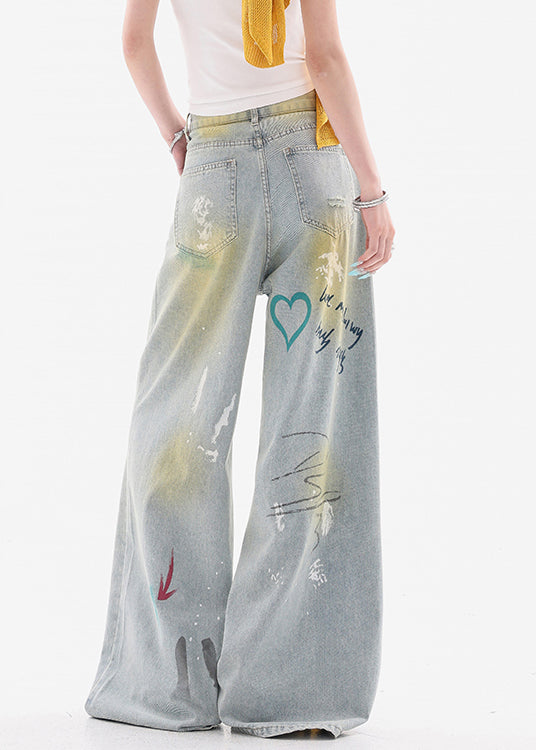 Stylish Blue Print Hole High Waist Denim Wide Leg Pants Fall