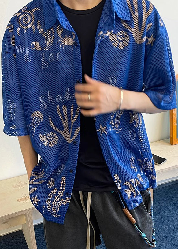 Stylish Blue Print Hollow Out Tulle Men Shirts Half Sleeve
