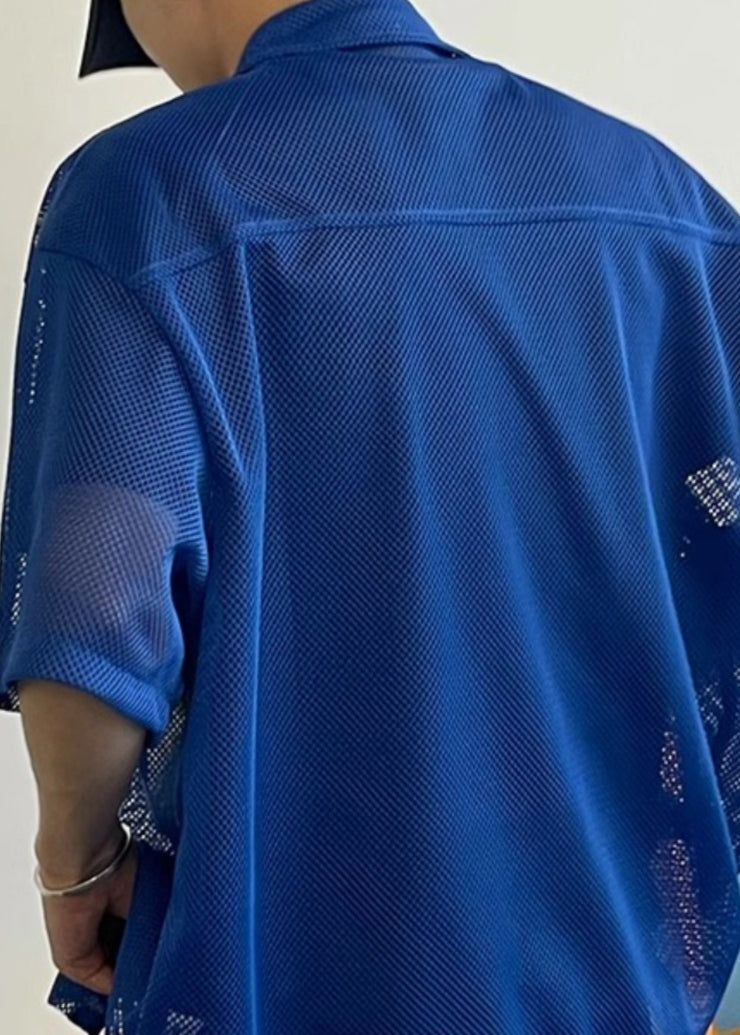 Stylish Blue Print Hollow Out Tulle Men Shirts Half Sleeve